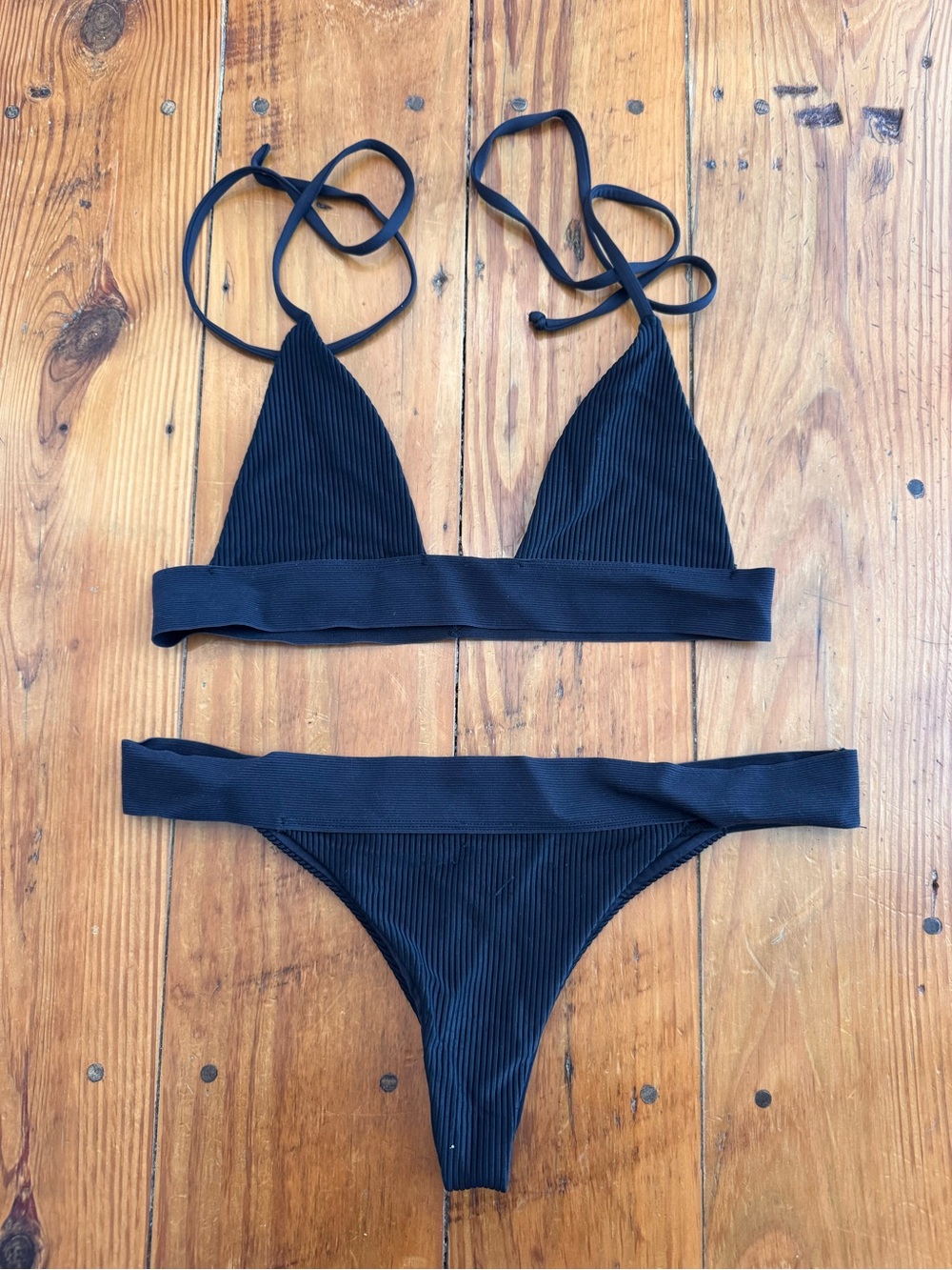 Frankie's Bikinis Black Ribbed Triangle Two-Piece